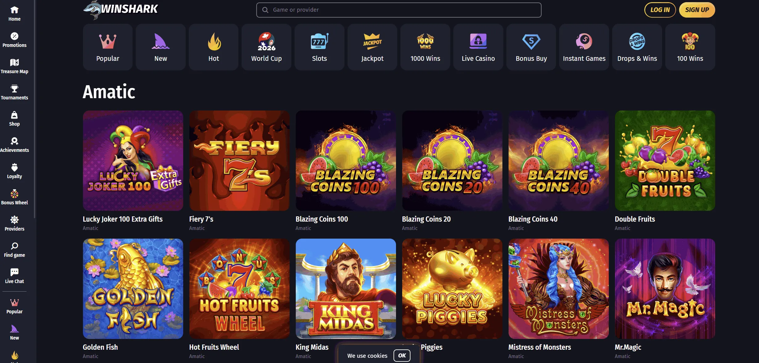 Winshark EU online casino homepage